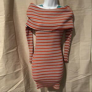 Better Be Orange White Stripe Long Sleeve Off Shoulder Dress